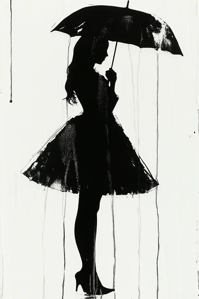 Midjourney generated image using SREF code Ebon Pathways: A black and white drawing of a woman holding an umbrella.