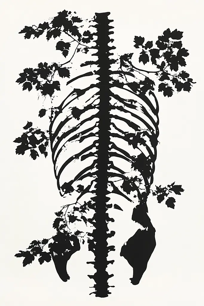 Midjourney generated image using SREF code Ebon Pathways: A black and white illustration of a human skeleton.