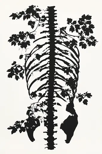 Midjourney generated image using SREF code Ebon Pathways: A black and white illustration of a human skeleton.