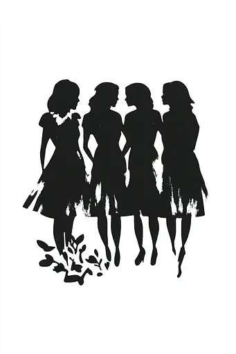 Midjourney generated image using SREF code Ebon Pathways: A black and white silhouette of a group of women.