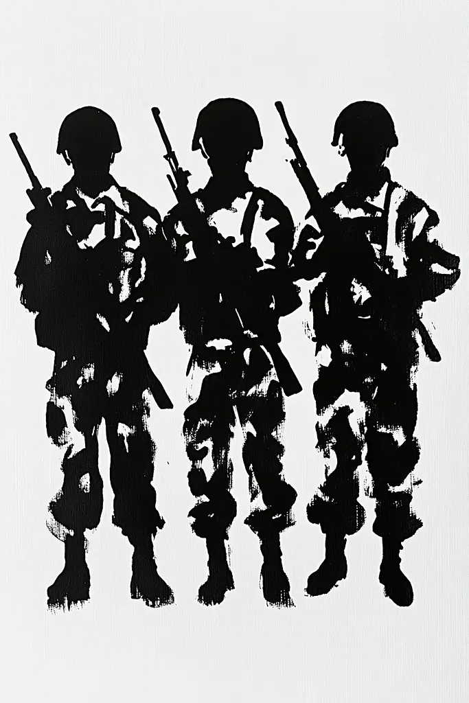 Midjourney generated image using SREF code Ebon Pathways: A black and white image of three soldiers with rifles.