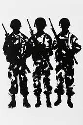 Midjourney generated image using SREF code Ebon Pathways: A black and white image of three soldiers with rifles.