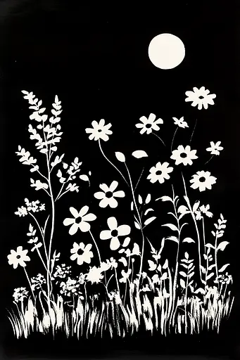 Midjourney generated image using SREF code Ebon Pathways: A black and white drawing of a field of flowers with a full moon.