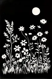 Midjourney generated image using SREF code Ebon Pathways: A black and white drawing of a field of flowers with a full moon.