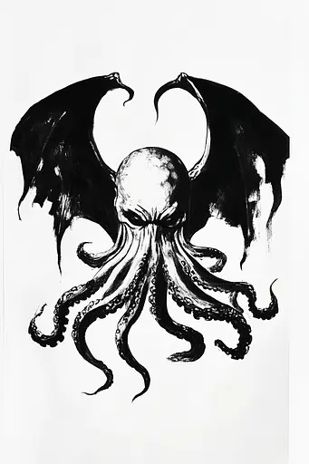 Midjourney generated image using SREF code Ebon Pathways: A black and white drawing of an octopus with wings.