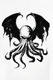 Midjourney generated image using SREF code Ebon Pathways: A black and white drawing of an octopus with wings.