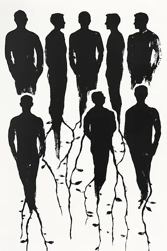 Midjourney generated image using SREF code Ebon Pathways: A group of silhouettes of people standing in a line.