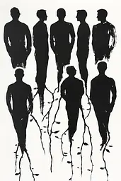 Midjourney generated image using SREF code Ebon Pathways: A group of silhouettes of people standing in a line.