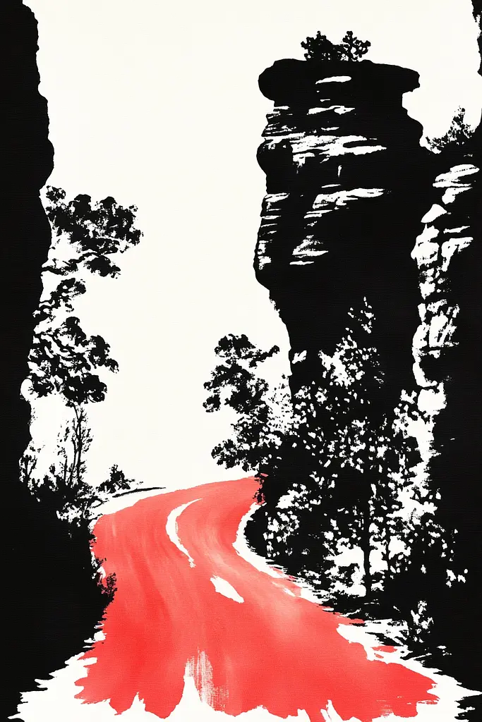 Midjourney generated image using SREF code Ebon Pathways: A red and black painting of a dirt road in the woods.