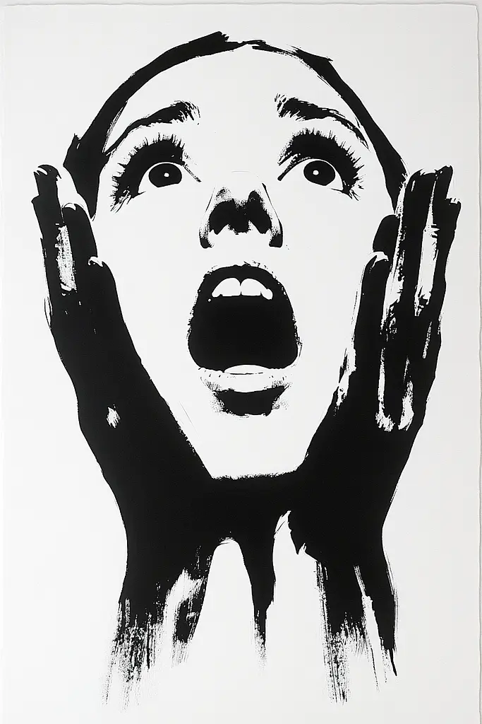 Midjourney generated image using SREF code Ebon Pathways: A black and white drawing of a woman with her hands on her face.