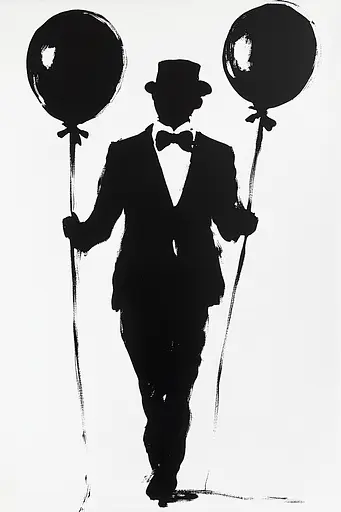 Midjourney generated image using SREF code Ebon Pathways: A black and white drawing of a man in a tuxedo holding two balloons.