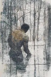 Midjourney generated image using SREF code Solitary Tapestry: A drawing of a man standing in the water.