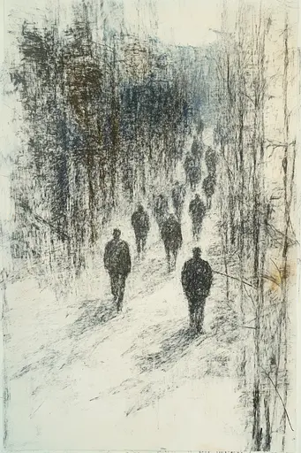 Midjourney generated image using SREF code Solitary Tapestry: A drawing of a group of people walking in the snow.