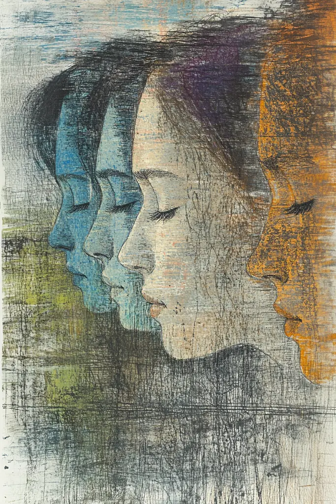 Midjourney generated image using SREF code Solitary Tapestry: A drawing of three women's faces with their eyes closed.