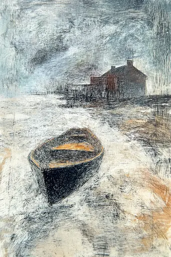 Midjourney generated image using SREF code Solitary Tapestry: A drawing of a boat in the snow near a house.