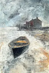 Midjourney generated image using SREF code Solitary Tapestry: A drawing of a boat in the snow near a house.