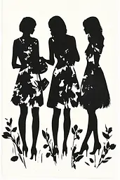 Midjourney generated image using SREF code Ebon Pathways: A black and white illustration of three women in dresses.