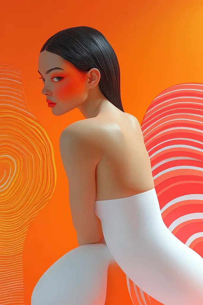 Midjourney generated image using SREF code Ember Flow: A woman in a white bodysuit sitting on an orange background.