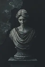 Midjourney generated image using SREF code Obsidiana Arcana: A black and white photo of a bust of a woman.