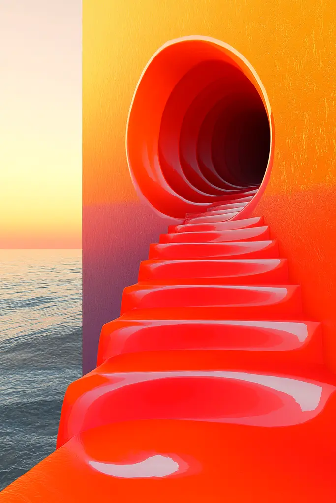 Midjourney generated image using SREF code Ember Flow: A red stairway leading to the ocean at sunset.