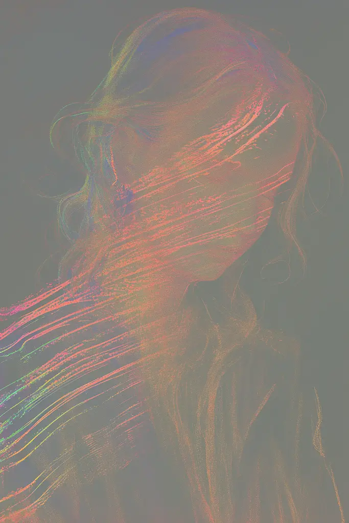 Midjourney generated image using SREF code Chromatic Lineage: A woman with long hair is shown in a digital art style.