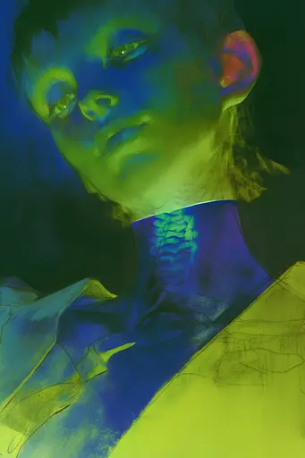 Midjourney generated image using SREF code Ethereal Luminescence: A digital painting of a woman with a blue and green background.