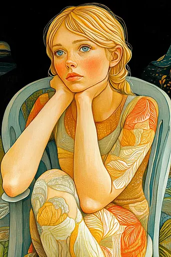 Midjourney generated image using SREF code Cosmic Botanica: A painting of a woman sitting in a chair.