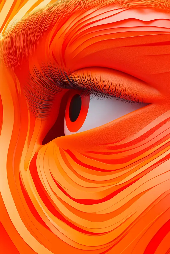 Midjourney generated image using SREF code Ember Flow: A close up of a woman's eye with orange hair.