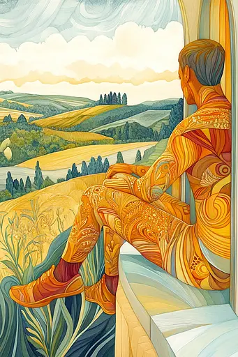 Midjourney generated image using SREF code Cosmic Botanica: A painting of a man sitting on a ledge looking out a window.