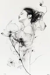 Midjourney generated image using SREF code Faded Mortality: A black and white drawing of a woman with flowers.