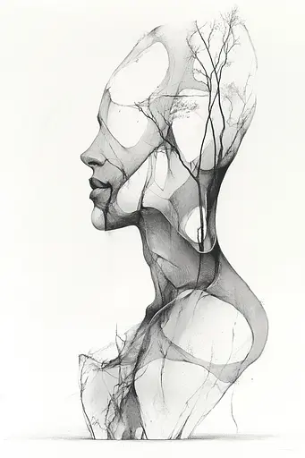 Midjourney generated image using SREF code Faded Mortality: A drawing of a woman's face with a tree growing out of it.