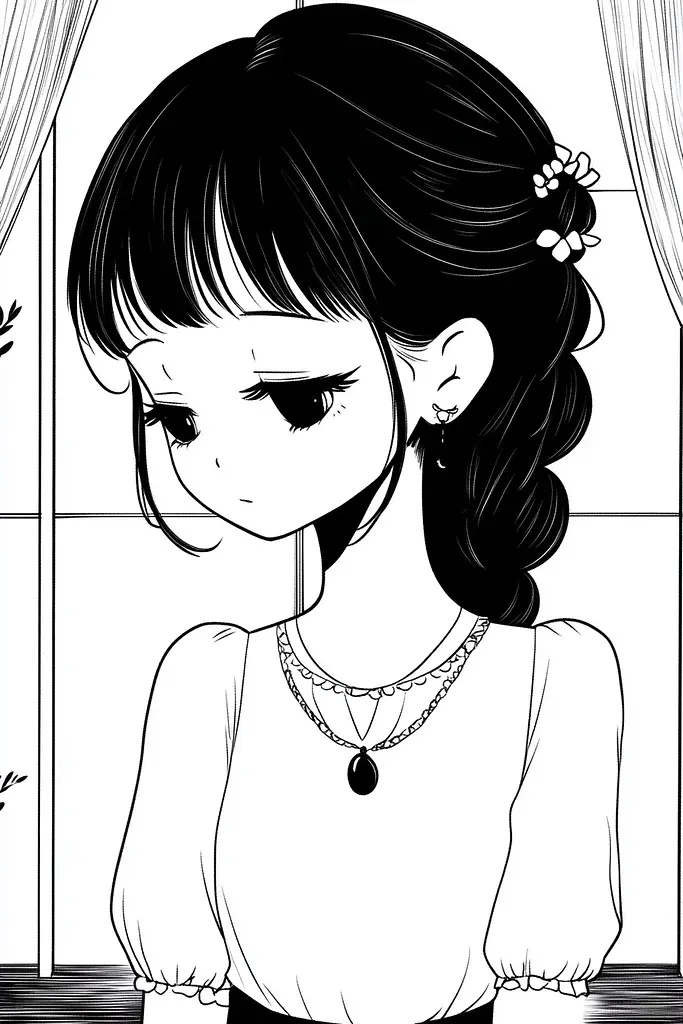Midjourney generated image using SREF code Skullquill: A black and white drawing of a girl looking out a window.