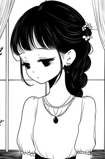 Midjourney generated image using SREF code Skullquill: A black and white drawing of a girl looking out a window.