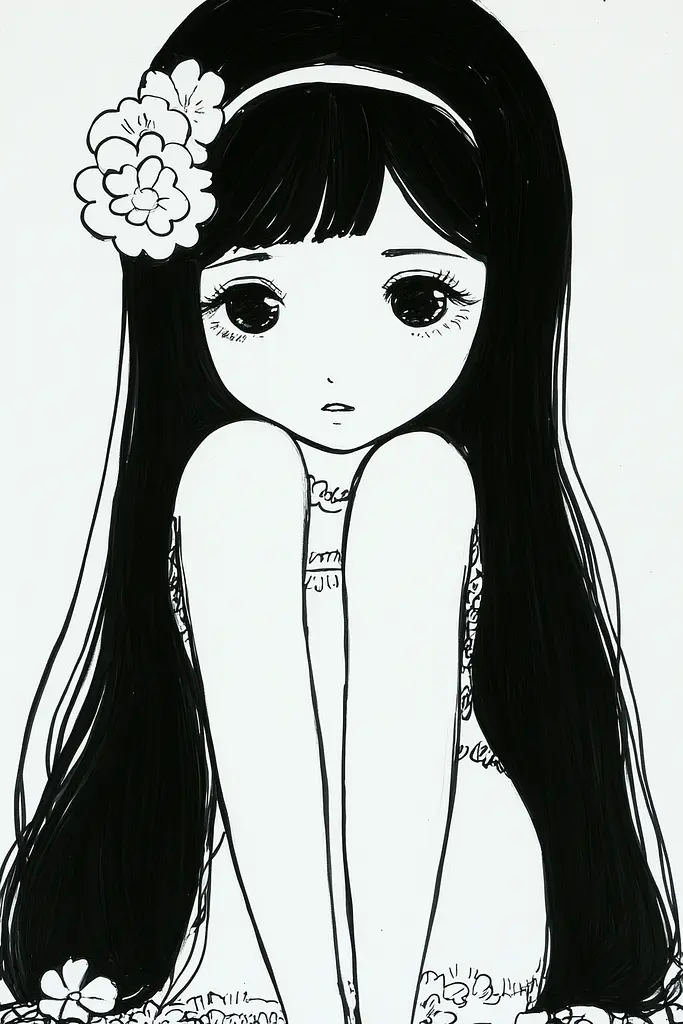 Midjourney generated image using SREF code Skullquill: A drawing of a girl with long black hair and a flower in her hair.