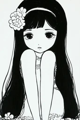 Midjourney generated image using SREF code Skullquill: A drawing of a girl with long black hair and a flower in her hair.