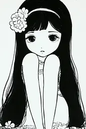 Midjourney generated image using SREF code Skullquill: A drawing of a girl with long black hair and a flower in her hair.