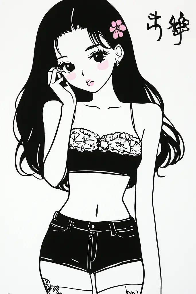 Midjourney generated image using SREF code Skullquill: A drawing of a girl talking on a cell phone.