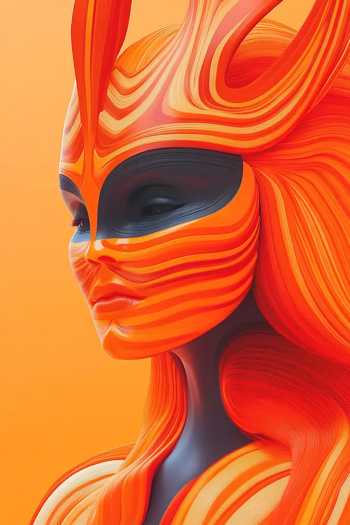 Midjourney generated image using SREF code Ember Flow: A woman with orange hair and a mask on her face.