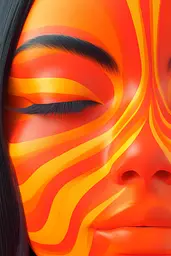 Midjourney generated image using SREF code Ember Flow: A woman with bright orange and yellow face paint.