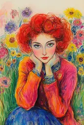 Midjourney generated image using SREF code Psycho-Dreamland: A painting of a woman with red hair in a field of flowers.