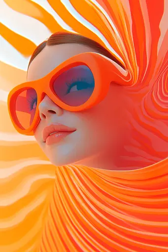 Midjourney generated image using SREF code Ember Flow: A woman wearing a bright orange dress and sunglasses.