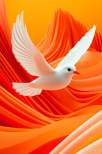 Midjourney generated image using SREF code Ember Flow: A white dove flying over a red and orange background.