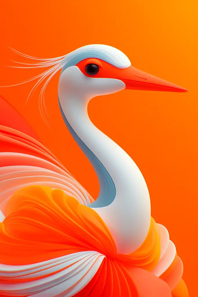 Midjourney generated image using SREF code Ember Flow: A white and orange bird with a long beak.