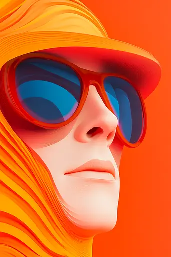 Midjourney generated image using SREF code Ember Flow: A woman wearing a hat and sunglasses on an orange background.