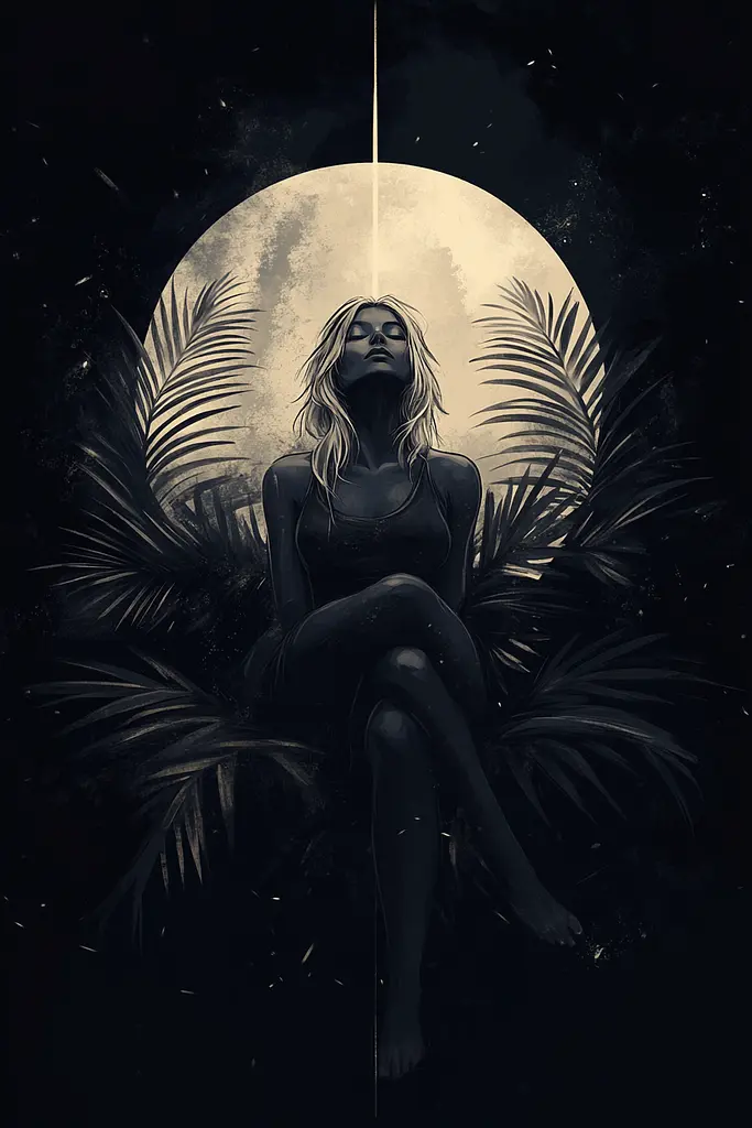 Midjourney generated image using SREF code Obsidiana Arcana: A woman sitting on a palm tree in front of a full moon.