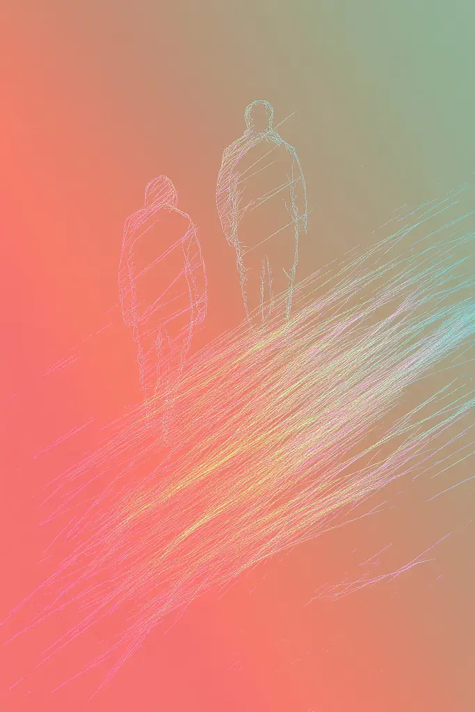 Midjourney generated image using SREF code Chromatic Lineage: A drawing of two people walking down a hill.