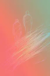 Midjourney generated image using SREF code Chromatic Lineage: A drawing of two people walking down a hill.