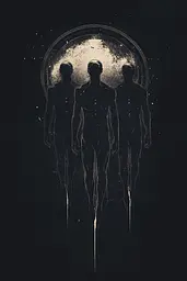 Midjourney generated image using SREF code Obsidiana Arcana: A group of three men standing in front of a full moon.