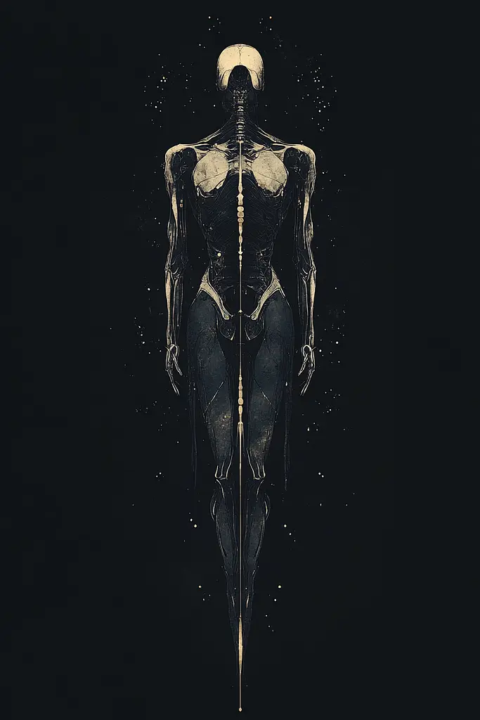 Midjourney generated image using SREF code Obsidiana Arcana: A black and white illustration of a woman with a skeleton on her back.