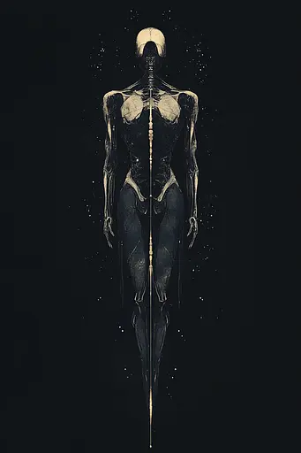 Midjourney generated image using SREF code Obsidiana Arcana: A black and white illustration of a woman with a skeleton on her back.